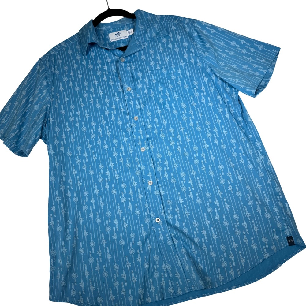 Southern Tide Mens Short Sleeve Reel Em In Fishing‎ Rod Print Blue Sport Shirt L